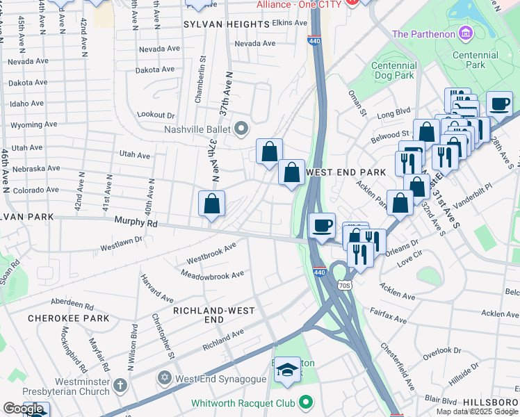 map of restaurants, bars, coffee shops, grocery stores, and more near 517A Acklen Park Drive in Nashville