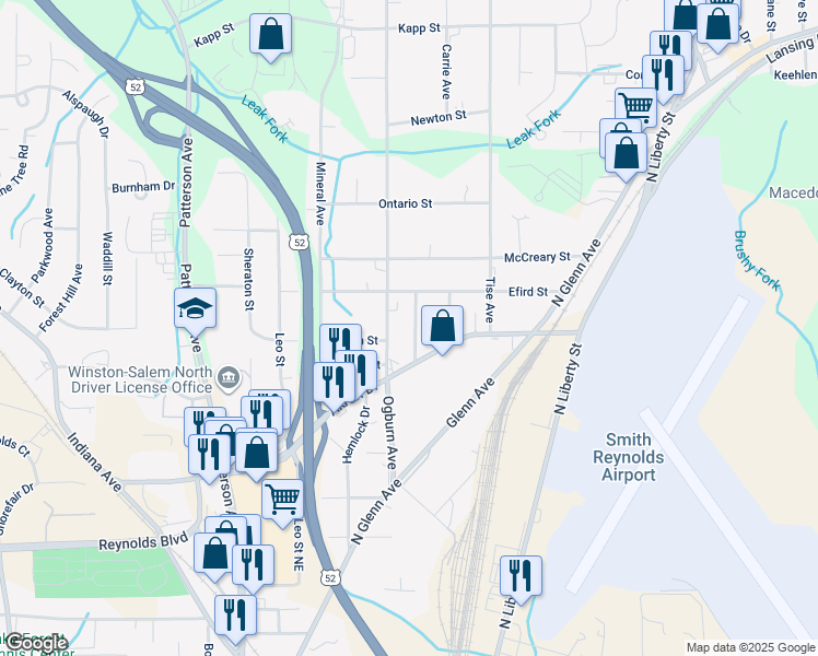map of restaurants, bars, coffee shops, grocery stores, and more near 3922 Harwood Street in Winston-Salem