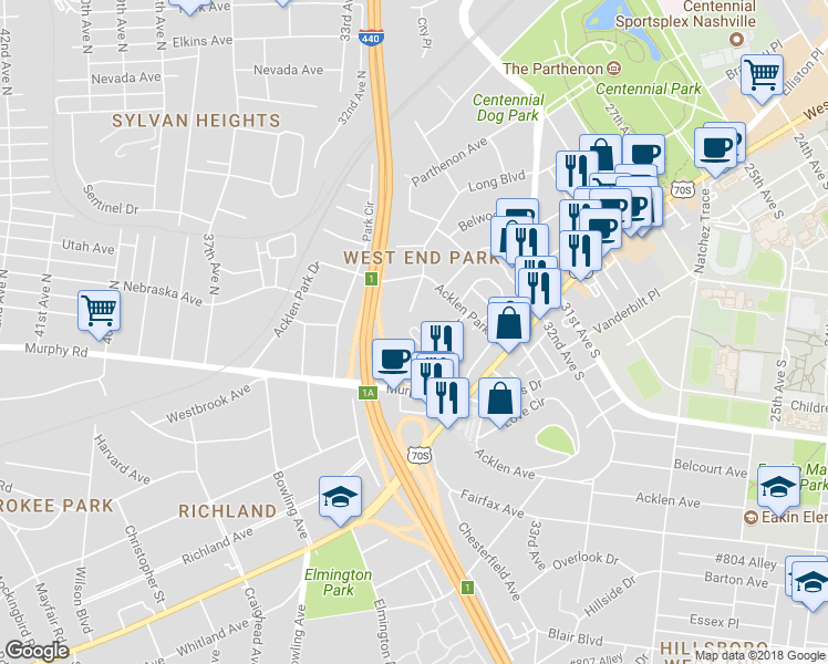 map of restaurants, bars, coffee shops, grocery stores, and more near 214 Fairmont Court in Nashville