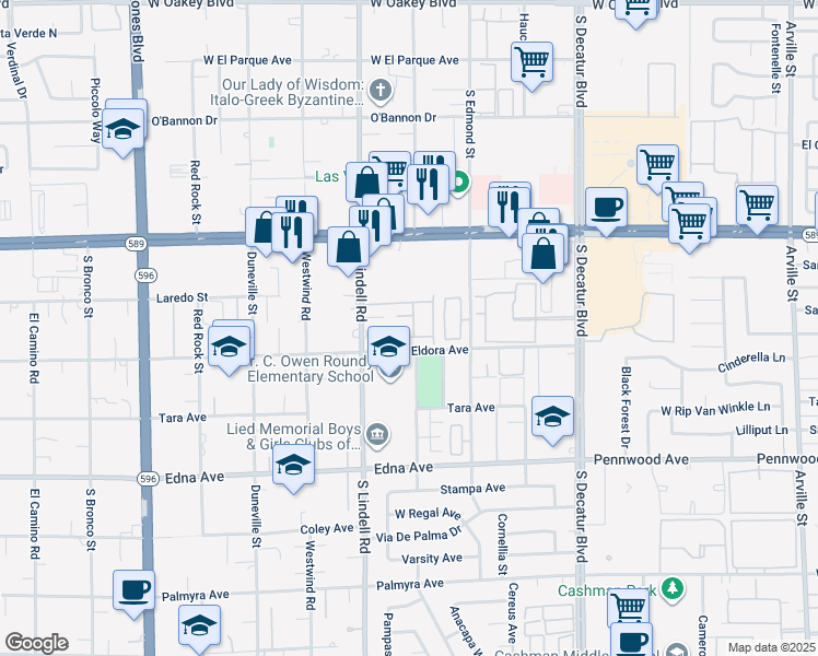 map of restaurants, bars, coffee shops, grocery stores, and more near Crystal Quartz Street in Spring Valley