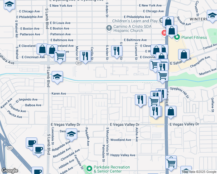 map of restaurants, bars, coffee shops, grocery stores, and more near 4611 Krissylouise Way in Las Vegas