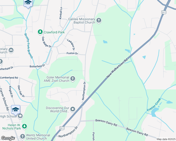 map of restaurants, bars, coffee shops, grocery stores, and more near 3921 Northampton Drive in Winston-Salem