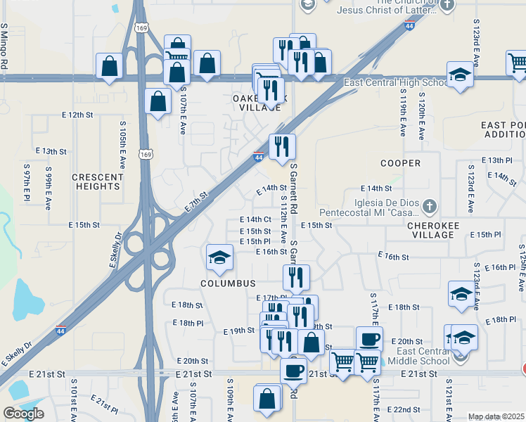 map of restaurants, bars, coffee shops, grocery stores, and more near 11024 East 14th Court in Tulsa