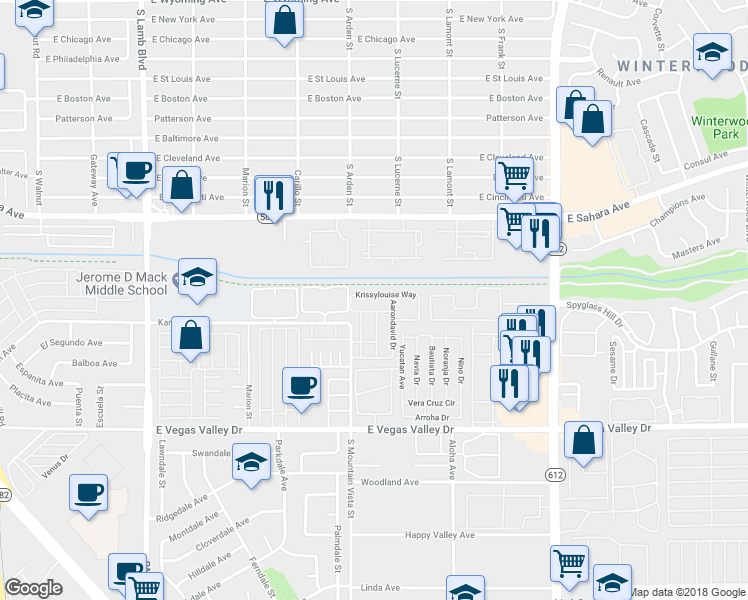 map of restaurants, bars, coffee shops, grocery stores, and more near 4647 Krissylouise Way in Las Vegas