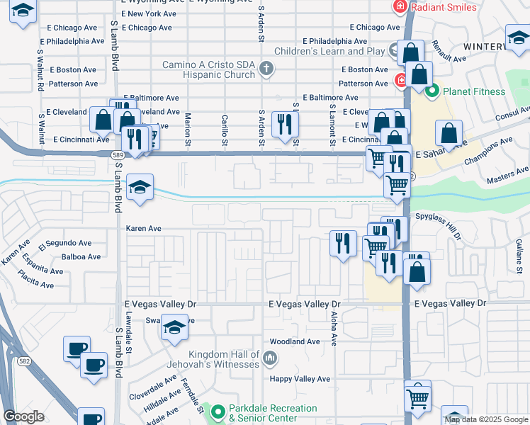 map of restaurants, bars, coffee shops, grocery stores, and more near 4611 Krissylouise Way in Las Vegas