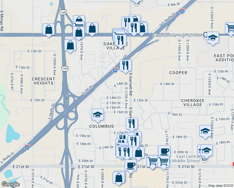 map of restaurants, bars, coffee shops, grocery stores, and more near 11020 East 14th Place in Tulsa