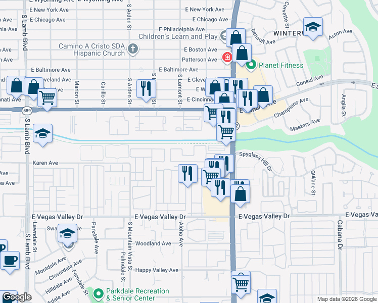 map of restaurants, bars, coffee shops, grocery stores, and more near 2675 South Nellis Boulevard in Las Vegas