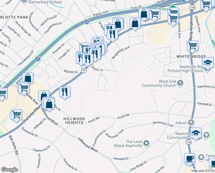 map of restaurants, bars, coffee shops, grocery stores, and more near 100-1098 Watts Cir in Nashville