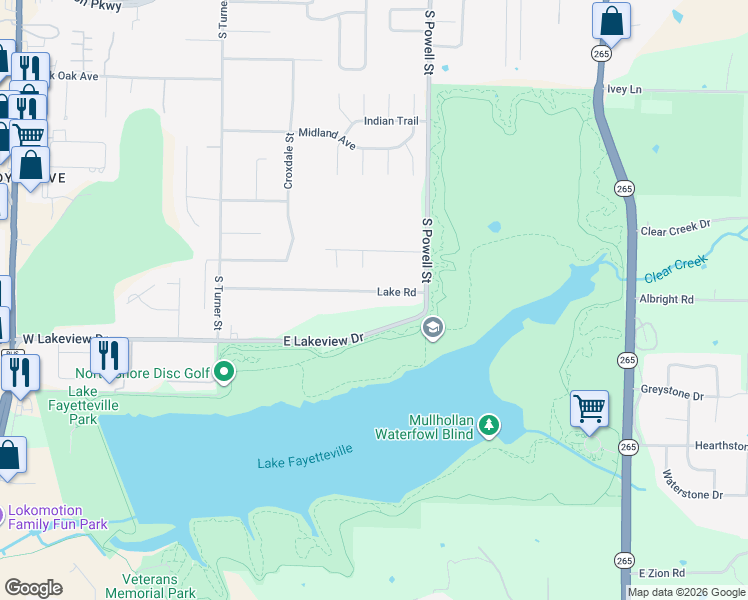 map of restaurants, bars, coffee shops, grocery stores, and more near 405 Lake Road in Springdale