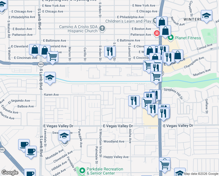 map of restaurants, bars, coffee shops, grocery stores, and more near 4670 Tracylynn Lane in Las Vegas
