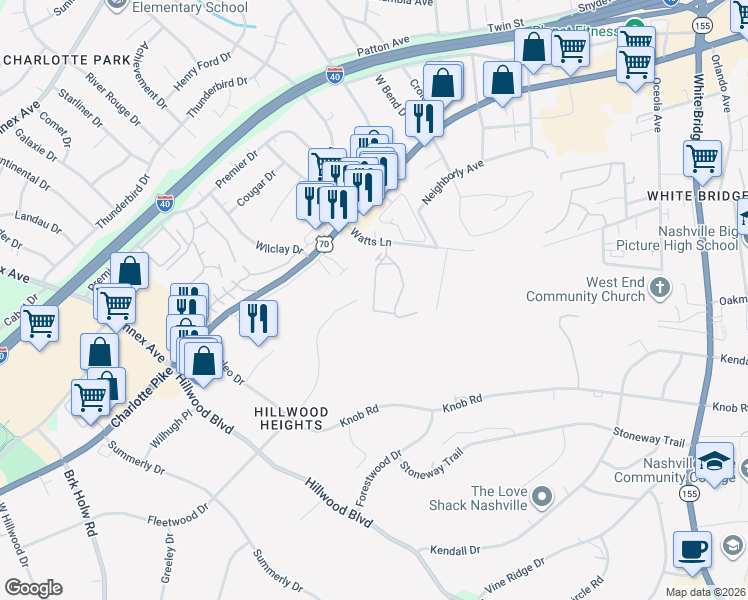 map of restaurants, bars, coffee shops, grocery stores, and more near 6435 Fleetwood Drive in Nashville