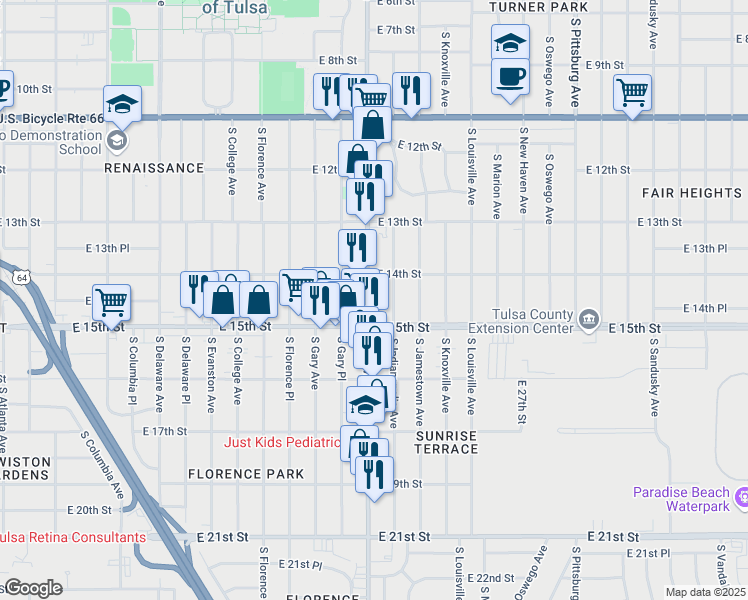 map of restaurants, bars, coffee shops, grocery stores, and more near in Tulsa