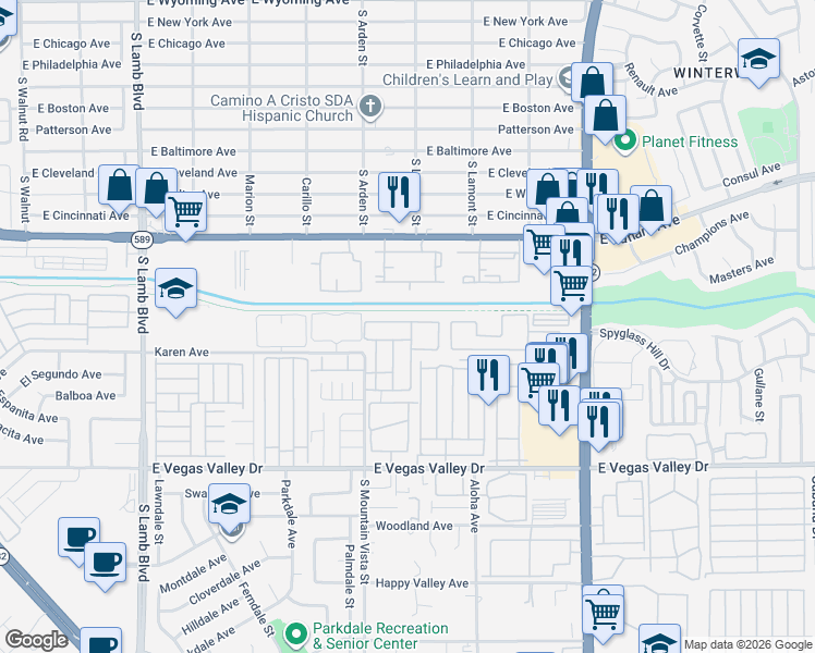 map of restaurants, bars, coffee shops, grocery stores, and more near 4671 Krissylouise Way in Las Vegas