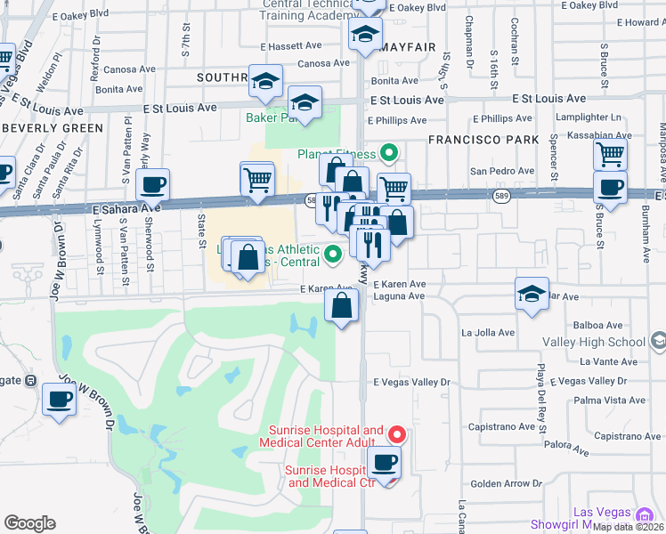 map of restaurants, bars, coffee shops, grocery stores, and more near 2655 South Maryland Parkway in Las Vegas