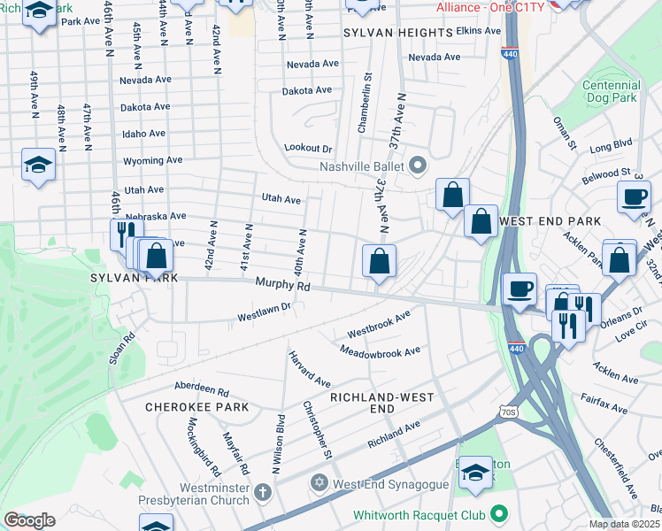 map of restaurants, bars, coffee shops, grocery stores, and more near 106 39th Avenue North in Nashville