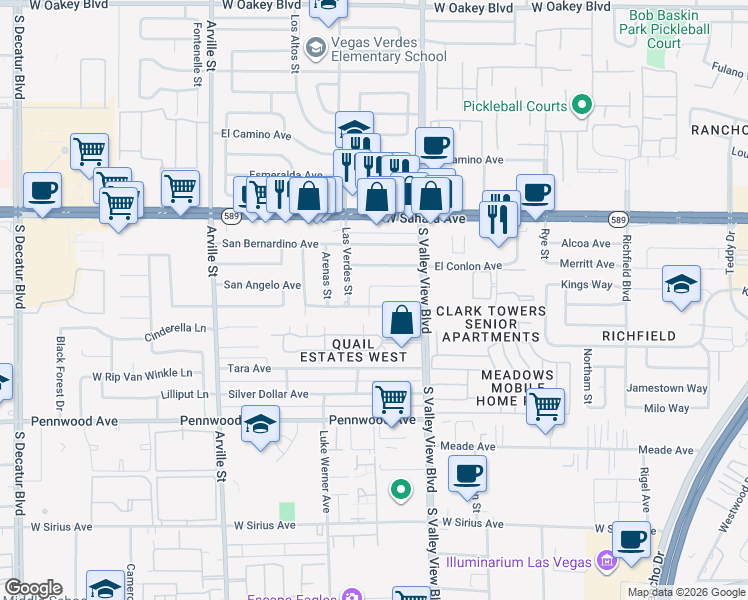 map of restaurants, bars, coffee shops, grocery stores, and more near 3809 San Joaquin Avenue in Las Vegas