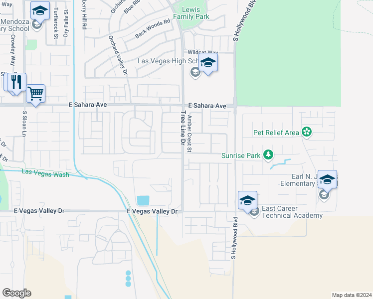 map of restaurants, bars, coffee shops, grocery stores, and more near 2655 Amber Crest Street in Las Vegas