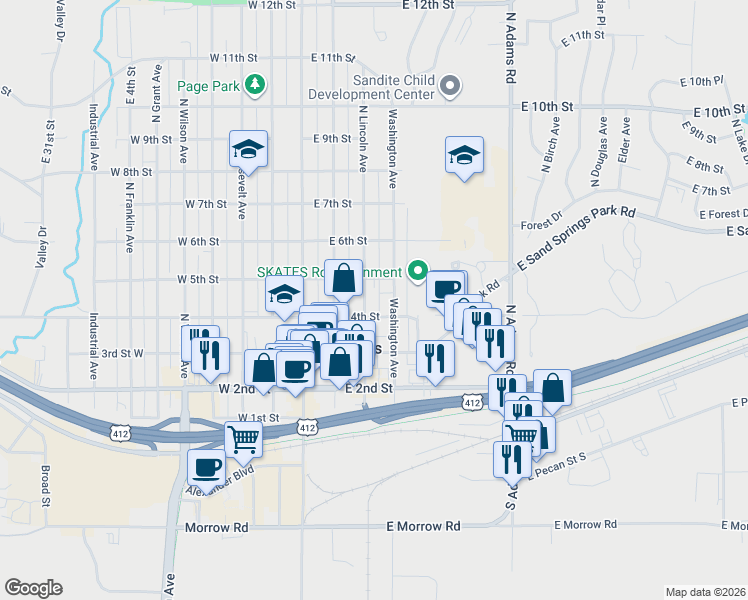 map of restaurants, bars, coffee shops, grocery stores, and more near 400 Washington Avenue in Sand Springs