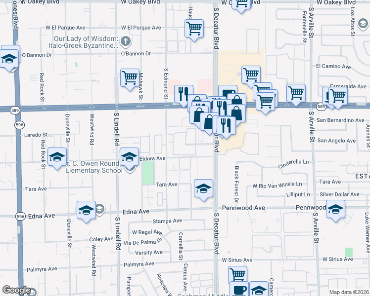 map of restaurants, bars, coffee shops, grocery stores, and more near 2683 South Decatur Boulevard in Las Vegas