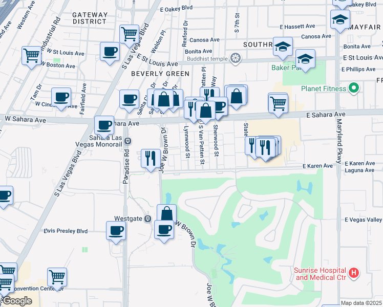map of restaurants, bars, coffee shops, grocery stores, and more near 2626 Lynnwood Street in Las Vegas