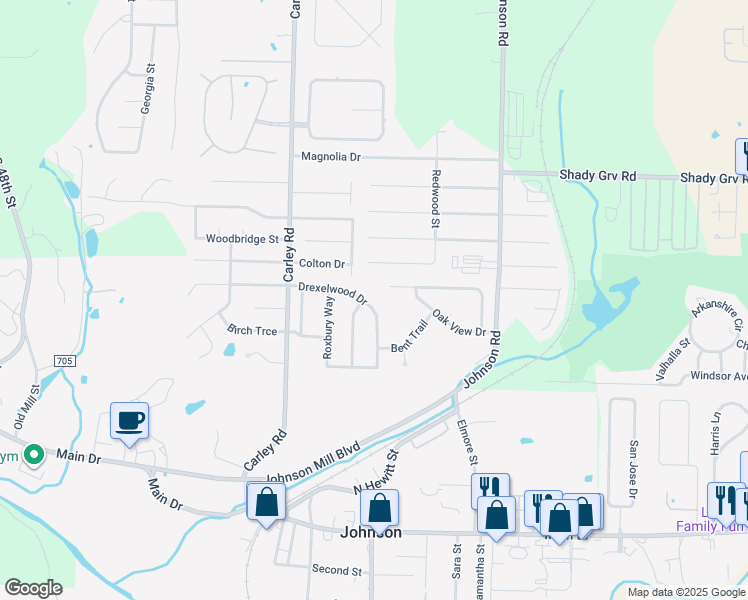 map of restaurants, bars, coffee shops, grocery stores, and more near 2610 Drexelwood Drive in Springdale