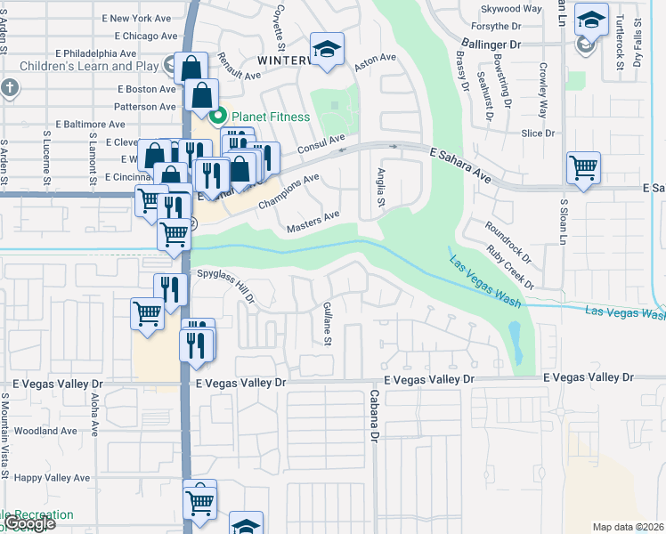 map of restaurants, bars, coffee shops, grocery stores, and more near 2655 Par 4 Lane in Las Vegas