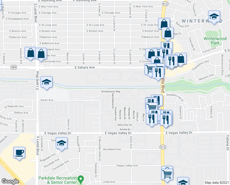 map of restaurants, bars, coffee shops, grocery stores, and more near 2656 Aarondavid Drive in Las Vegas