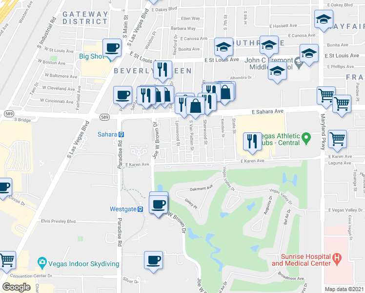 map of restaurants, bars, coffee shops, grocery stores, and more near 2646 Lynnwood Street in Las Vegas