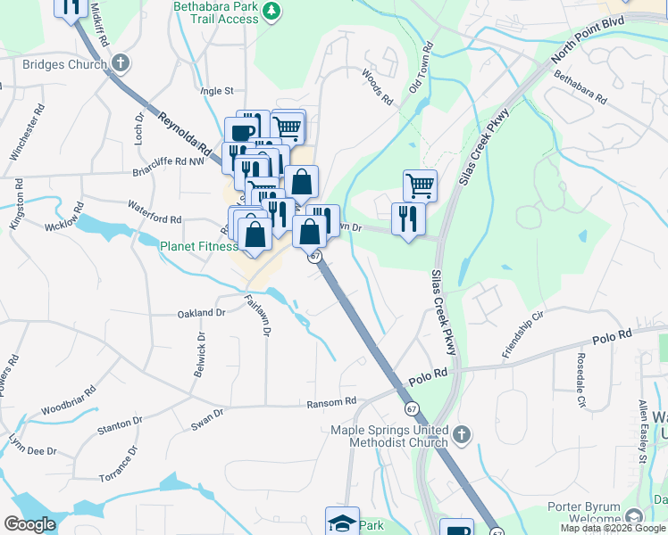 map of restaurants, bars, coffee shops, grocery stores, and more near 2715 Reynolda Road in Winston-Salem