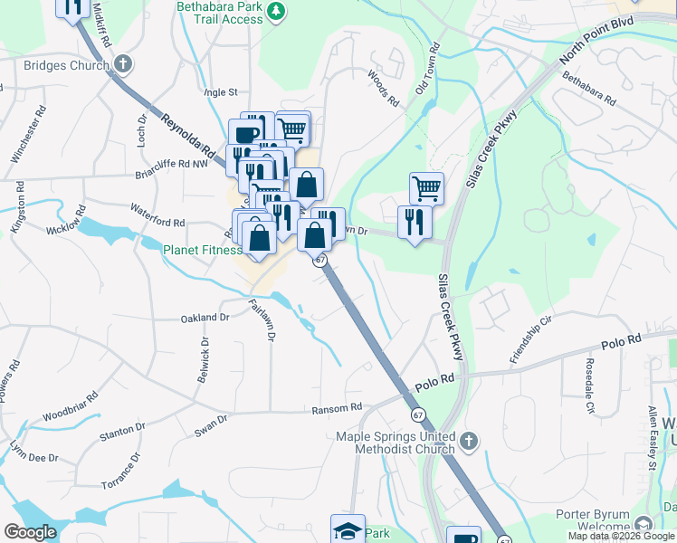 map of restaurants, bars, coffee shops, grocery stores, and more near 2719 Reynolda Road in Winston-Salem