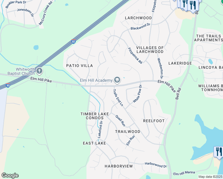 map of restaurants, bars, coffee shops, grocery stores, and more near 3171 Trails End Lane in Nashville