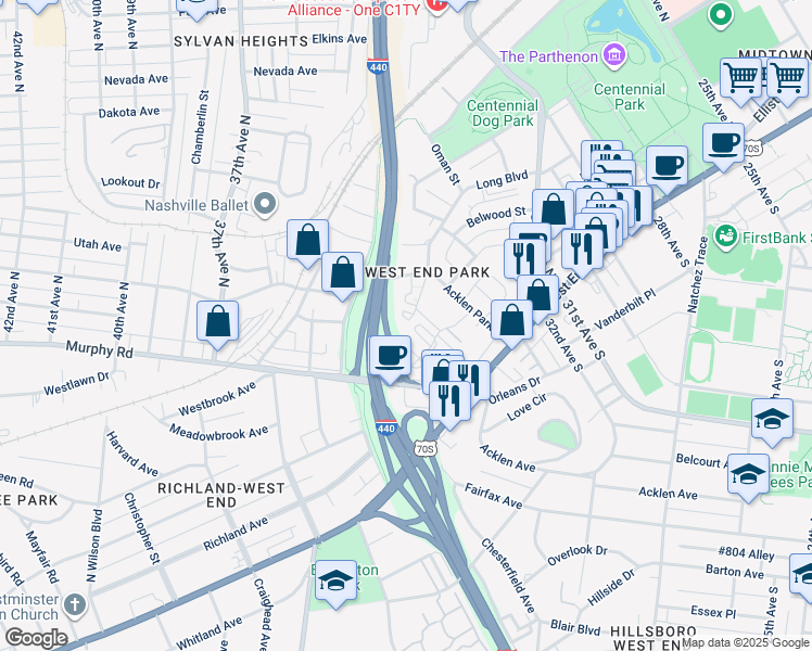 map of restaurants, bars, coffee shops, grocery stores, and more near 230 Fairmont Court in Nashville