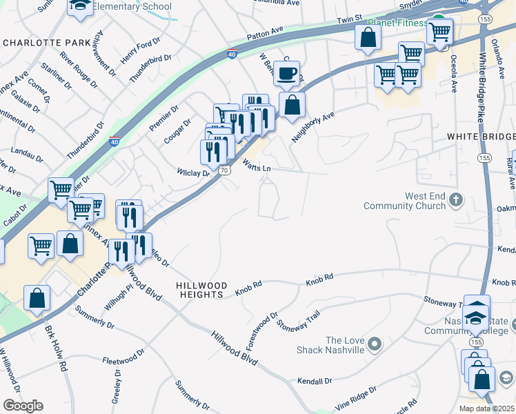 map of restaurants, bars, coffee shops, grocery stores, and more near 6435 Fleetwood Drive in Nashville