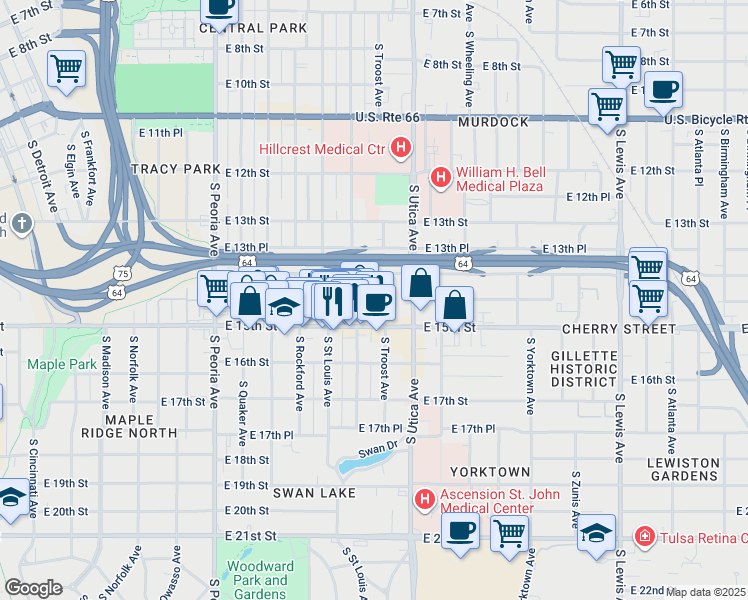 map of restaurants, bars, coffee shops, grocery stores, and more near 1439 South Troost Avenue in Tulsa