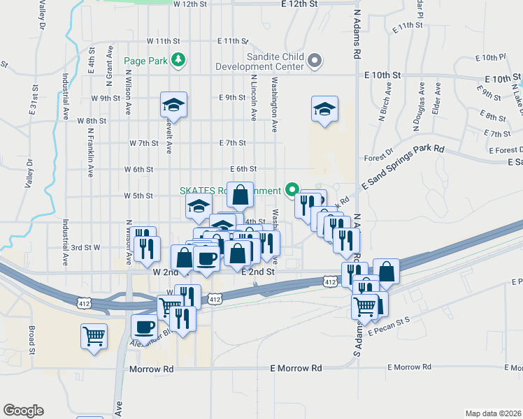 map of restaurants, bars, coffee shops, grocery stores, and more near 400 Washington Avenue in Sand Springs