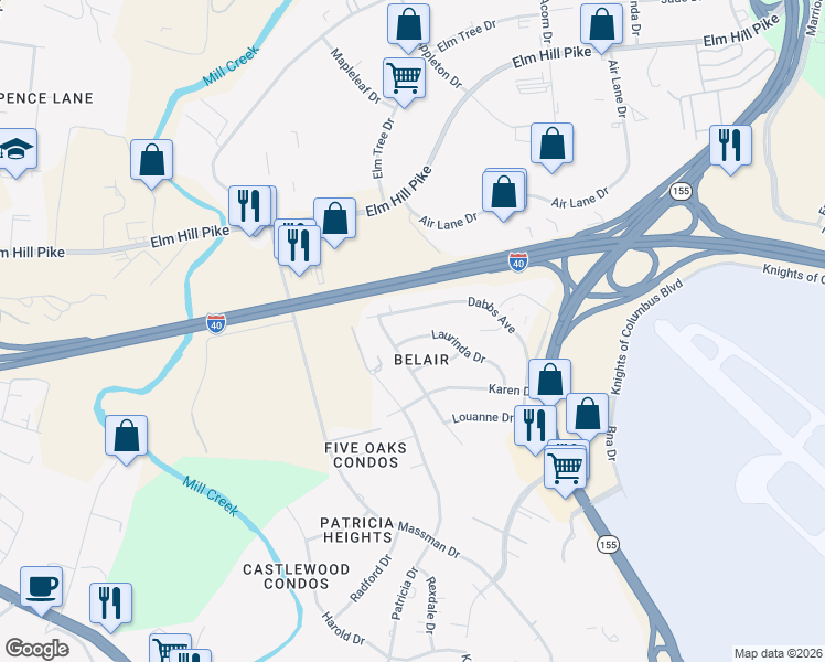 map of restaurants, bars, coffee shops, grocery stores, and more near 1901 Laurinda Drive in Nashville