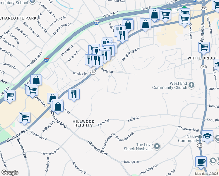 map of restaurants, bars, coffee shops, grocery stores, and more near 100-1098 Watts Cir in Nashville