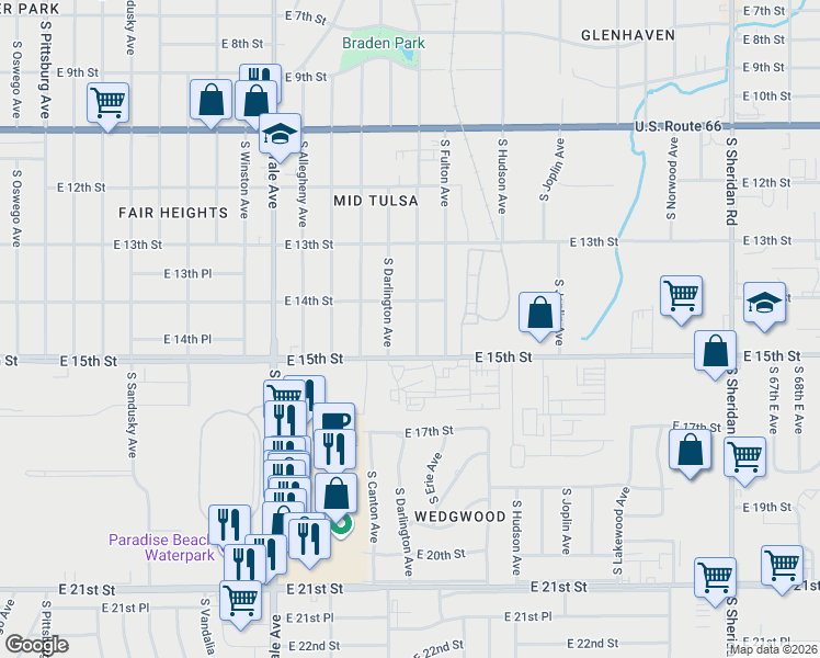 map of restaurants, bars, coffee shops, grocery stores, and more near 1441 South Darlington Avenue in Tulsa