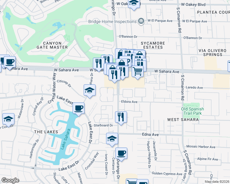 map of restaurants, bars, coffee shops, grocery stores, and more near 2605 South Durango Drive in Las Vegas