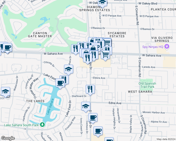 map of restaurants, bars, coffee shops, grocery stores, and more near 2605 South Durango Drive in Las Vegas