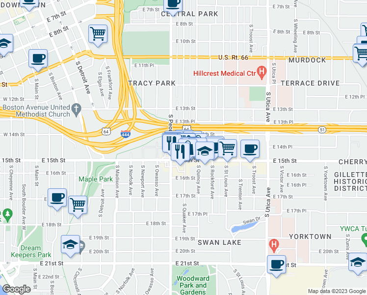 map of restaurants, bars, coffee shops, grocery stores, and more near 1424 South Quaker Avenue in Tulsa