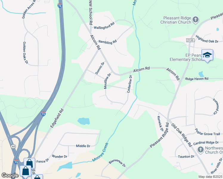 map of restaurants, bars, coffee shops, grocery stores, and more near 7615 Timberline Drive in Greensboro