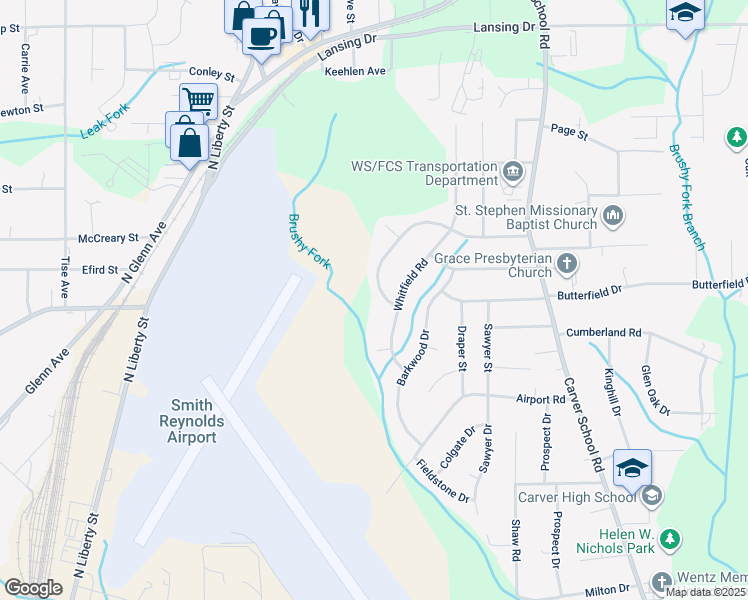 map of restaurants, bars, coffee shops, grocery stores, and more near Bainbridge Drive in Winston-Salem