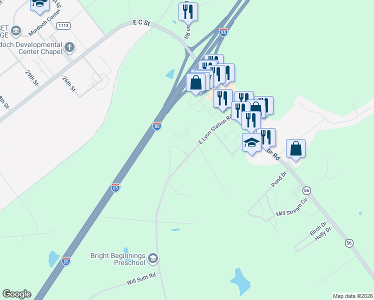 map of restaurants, bars, coffee shops, grocery stores, and more near 2523-2525 East Lyon Station Road in Creedmoor