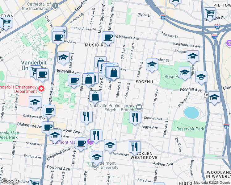 map of restaurants, bars, coffee shops, grocery stores, and more near 1309 15th Avenue in Nashville