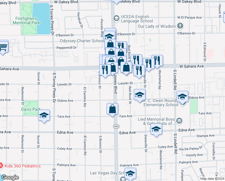 map of restaurants, bars, coffee shops, grocery stores, and more near 6125 Laredo Street in Las Vegas