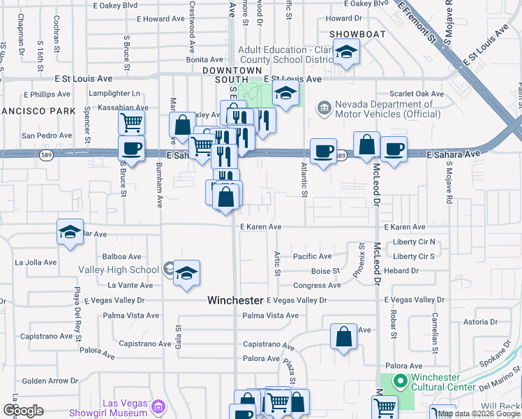 map of restaurants, bars, coffee shops, grocery stores, and more near 2461 Old Forge Lane in Las Vegas