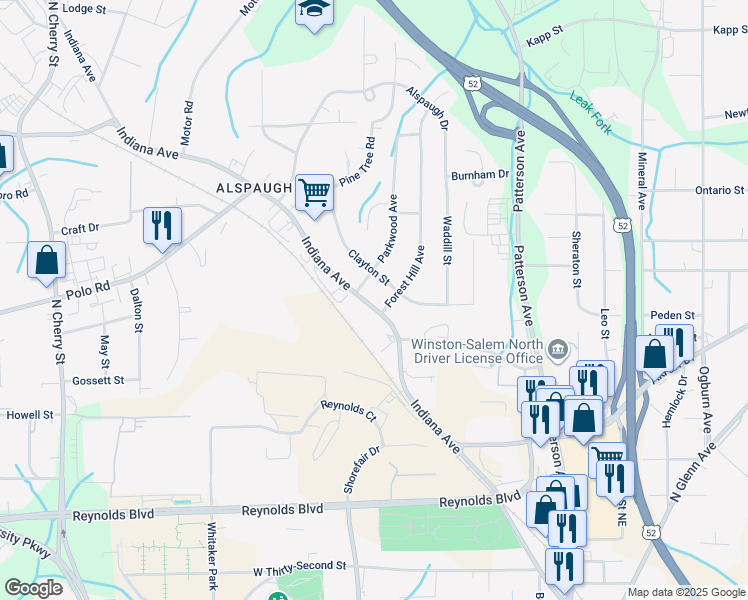map of restaurants, bars, coffee shops, grocery stores, and more near 3905 Indiana Avenue in Winston-Salem