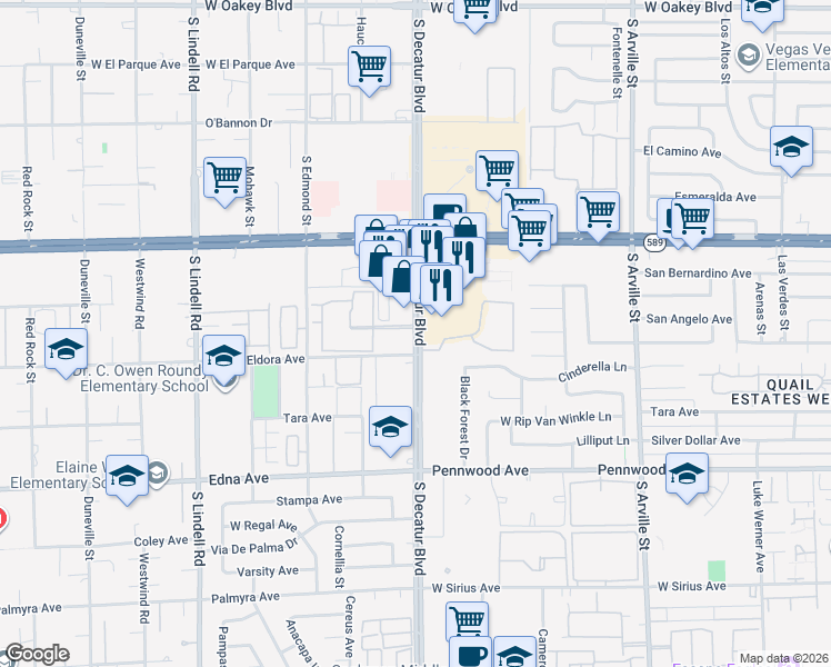 map of restaurants, bars, coffee shops, grocery stores, and more near 2659 South Decatur Boulevard in Las Vegas