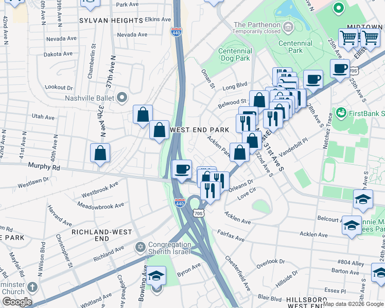 map of restaurants, bars, coffee shops, grocery stores, and more near 230 Fairmont Court in Nashville